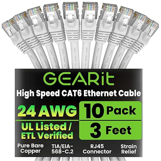 GEARit Cat 6 Ethernet Cable (10-Pack 3 Feet) Cat6 Network Patch, 10Gbps, RJ45, Snagless Cord, Gold-Plated Connectors, Internet for PC, TV, Tablet, Router, Printer, Servers, IT Data Center - White