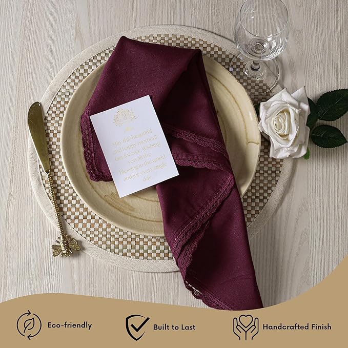 Ramanta Home Linen Flax Cloth Napkins Set of 24 | 18x18 Inch | Premium Cotton Linen Flax Lace Soft & Durable | Washable Ideal for Everyday Use Parties Thanksgiving Christmas Halloween Burgundy
