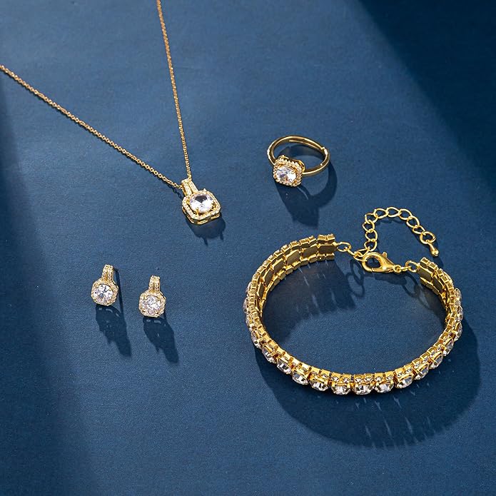 4pcs Cubic Zirconia Wedding Jewelry Sets for Bride Bridesmaid Cubic Zirconia Pendant Necklace Earrings Link Tennis Bracelet Open Ring Set for Women