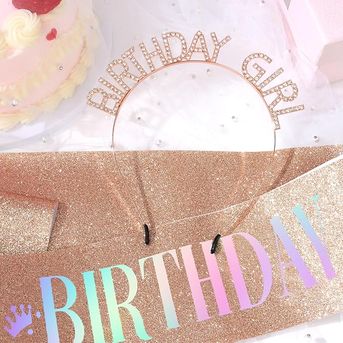 CAVETEE Birthday Girl Crown and Sash， Princess Tiara Happy Birthday Headband Party Accessories for Women and Girls