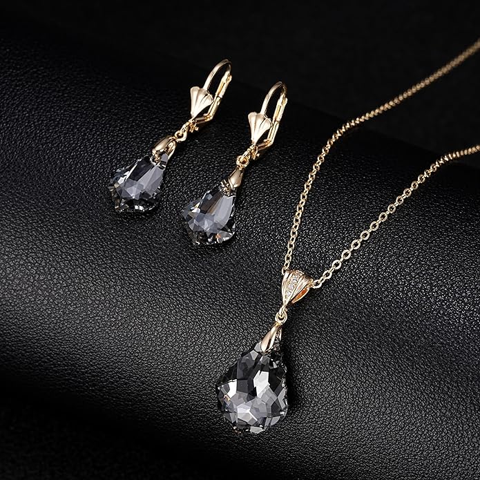 EVEVIC Austrian Crystals Baroque Pendant Necklace Earrings for Women 14K Gold Plated Hypoallergenic Leverback Drop Dangle Earrings Jewelry Set