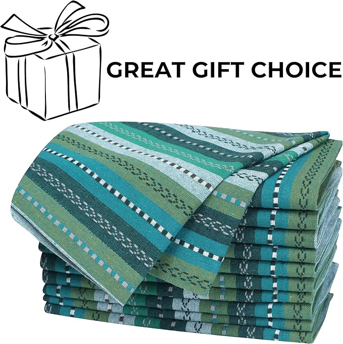 Homidate Cotton Cloth Dinner Napkins Set of 12 – 18x18 Green Multi Salsa Stripe – Durable Machine Washable Fabric Napkins for Weddings, Restaurants, Kitchen & Everyday Dining