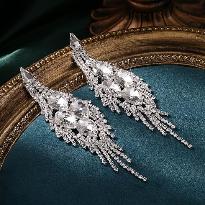 Sllaiss Rhinestone Bridal Jewelry Set for Women Sparkling Rhinestone Stretch Bracelet Ring Dangle Tassel Earrings Set Costume Jewelry