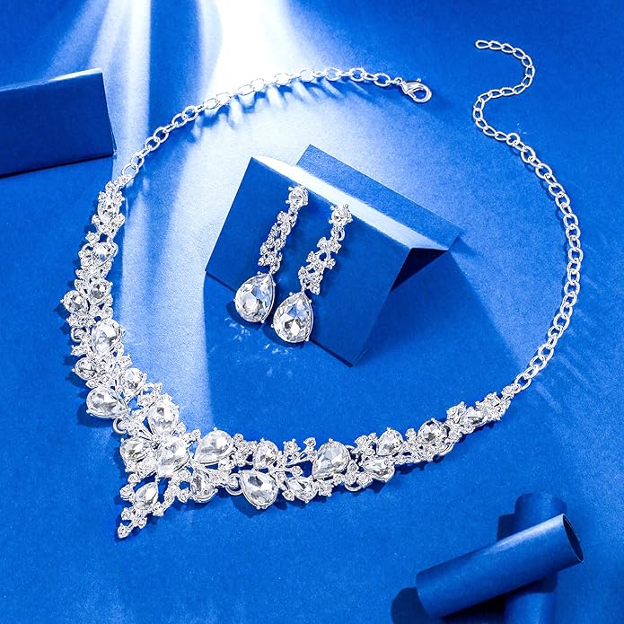 3/4 Pieces Women Jewelry Set Artificial Rhinestone Crystal Bride Statement Choker Necklace Tiara Crown Link Bangle Bracelet Teardrop Dangle Earrings Set