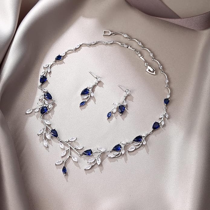 EVER FAITH Wedding Jewelry for Bride Women Bridesmaid, Sparkly Cubic Zirconia Pear-Shaped Birthstone Leaf Necklace Earrings Set for Prom
