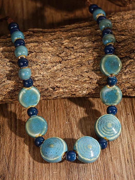 MINACHI Boho Hippie Round Ceramic Beads Strand Necklace, Vintage Bohemian Summer Beach Jewelry Gift for Women