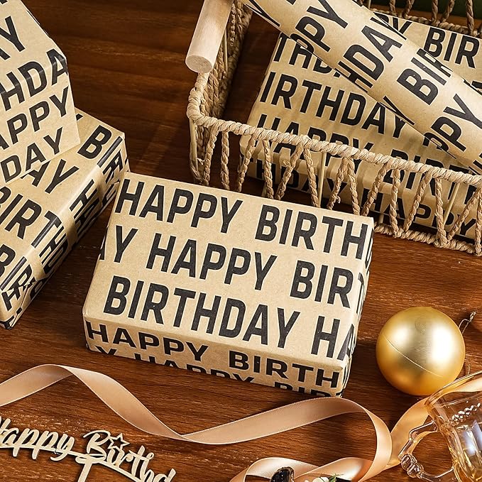 WRAPAHOLIC Kraft Birthday Wrapping Paper Roll - Mini Roll - 17 Inch x 33 Feet - Black Happy Birthday Wrapping Paper for Men Women Party Celebration