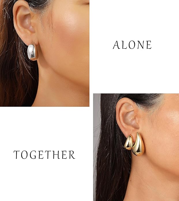 12 Pairs Chunky Gold Hoop Earrings for Women Trendy, Gold Plated Lightweight Hypoallergenic Stack, Thick Open Twisted Huggie Hoops Earring Set