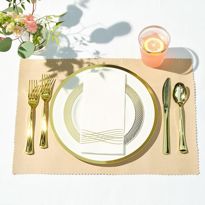 By Madee High End Thanksgiving Disposable Dinnerware Set - 175 Pcs 25 Guests – White & Gold Plastic Plates, Cutlery Linen Feel Napkins - Elegant and Effortless for Fall Holiday Hosting