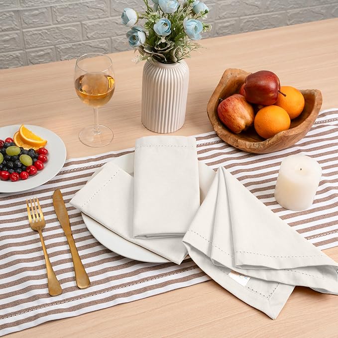Blue Needles Set of 6 Hemstitch Linen Napkins 100% Cotton White Cloth Dinner Napkins 18x18 inches, Soft, Reusable, Absorbent, Washable, Ideal for Fall Thanksgiving Events, Parties & Everyday Use