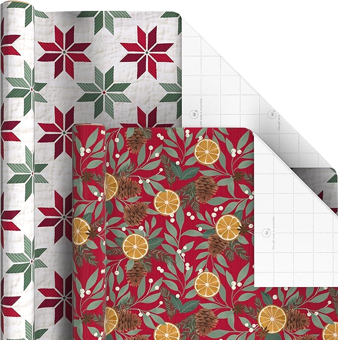 Hallmark Recycled and Recyclable Christmas Wrapping Paper Rolls with Cutlines on Reverse (6 Rolls: 150 Sq. Ft. Total) Deer, Mittens, Citrus with Pinecones, Red and Green Quilt