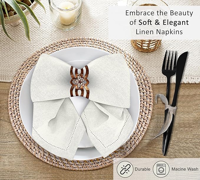 Ruvanti Premium Linen Napkins Set of 6-20x20 Inch, Classic Hemstitch, Mitered Corner Cloth Napkins ‎- Soft, Elegant Dinner Napkins Cloth Washable for Weddings, Parties, Everyday Use - Ivory