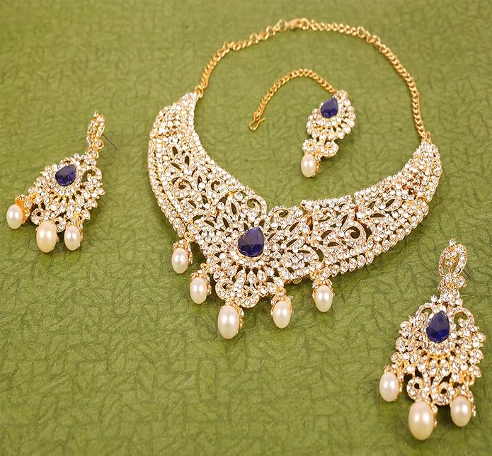 Touchstone Indian jewelry sets for women tikka wedding necklace costume guest statement bollywood rhinestones crystal faux pearls gold big royal neck piece set bridal fashion accessories