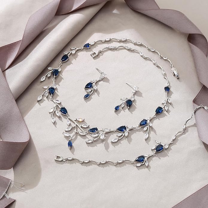 EVER FAITH Wedding Jewelry for Bride Women Bridesmaid, Sparkly Cubic Zirconia Pear-Shaped Birthstone Leaf Necklace Earrings Set for Prom