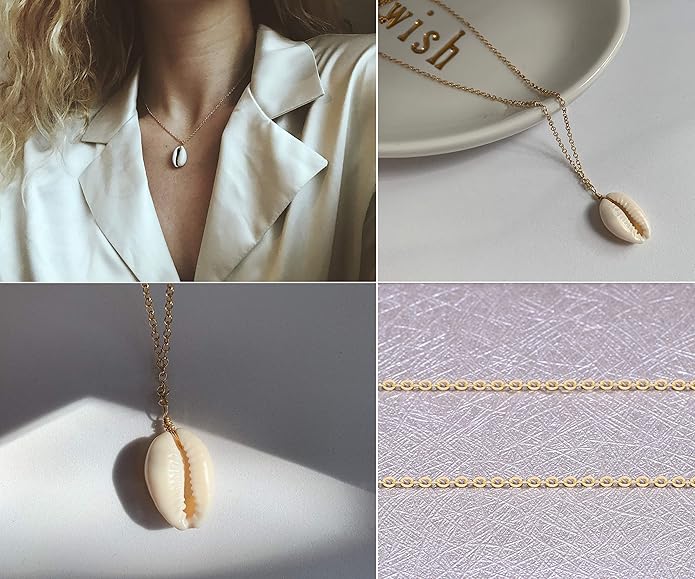 Natural Seashell Shell Scallop Pendant Choker Necklace Adjustable 18K Gold Plated Cable Chain Handmade Jewelry for Women Girls