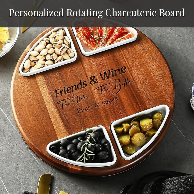 Shanik Upgraded Lazy Susan Cheese Cutting Board Set - Round Acacia Charcuterie Board with 4 Ceramic Bowls - Wedding Gifts - Cheese Serving Platter - Bridal Shower