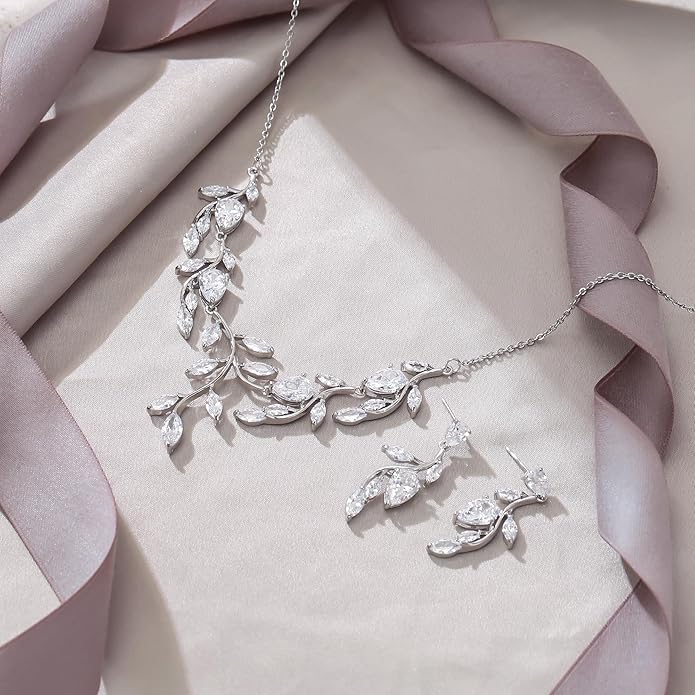 EVER FAITH Wedding Jewelry for Bride Women Bridesmaid, Sparkly Cubic Zirconia Pear-Shaped Birthstone Leaf Necklace Earrings Set for Prom