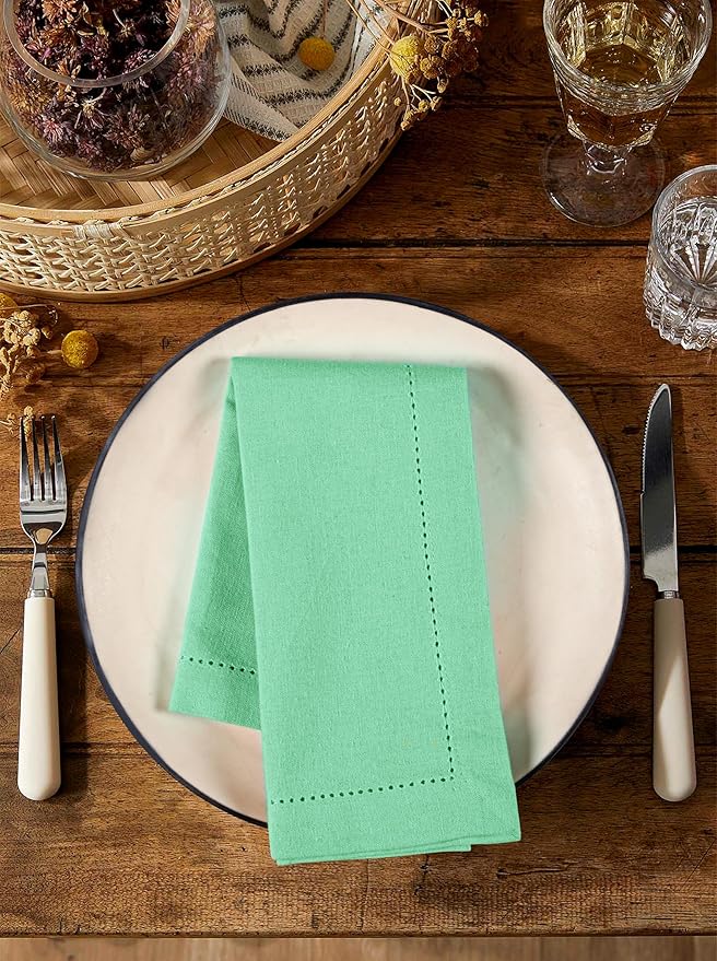 Palisa Cloth Dinner Napkins with Hemstitched Detailing & Mitered Corners Set of 12 (18x18 Inches) Mist Green - Cotton Reusable Dinner Napkins - Perfect for Weddings & Everyday Use