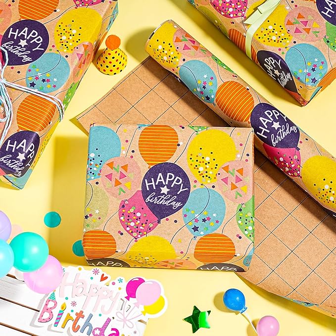 WRAPAHOLIC Kraft Birthday Wrapping Paper Roll - Mini Roll - 17 Inch x 9.8 Feet - Colorful Balloon with Confetti Design for Girls Boys Kids, Baby Shower, Party