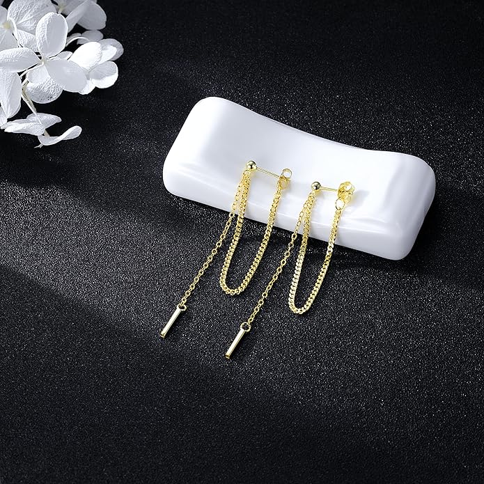 SLUYNZ Solid 925 Sterling Silver Bar Dangle Earrings for Women Minimalist Dangle Earrings Threader Chain