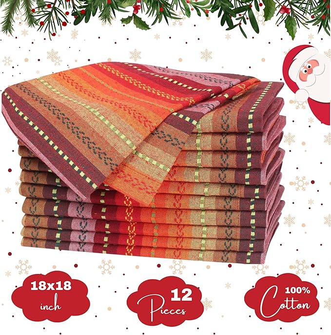 Homidate Cotton Cloth Dinner Napkins Set of 12 – 18x18 Salsa Red Multi Stripes – Reusable Machine Washable Fabric Napkins for Weddings, Events, Restaurants & Daily Dining