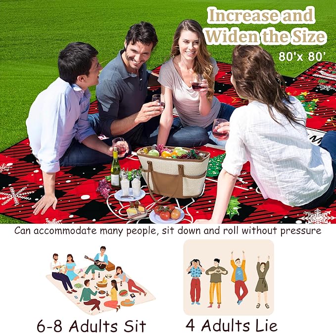 Poedist Christmas Extra Large Picnic Blanket Waterproof,80"x 80"Foldable Machine Washable Beach Blanket,Outdoor Blanket for 6-8 Adults,Suitable for Crawling,Park Beach,Camping,Hiking,Family
