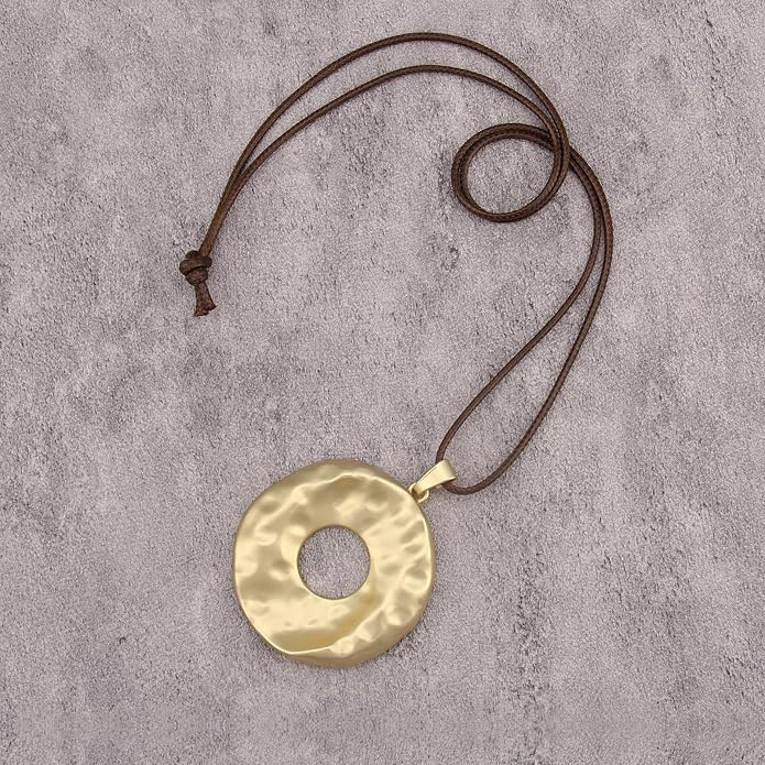 Boho Leather Necklace Women Bohemian Brown Circle Pendant Necklace Choker Long Necklaces for Women Boho Ring Large Pendant