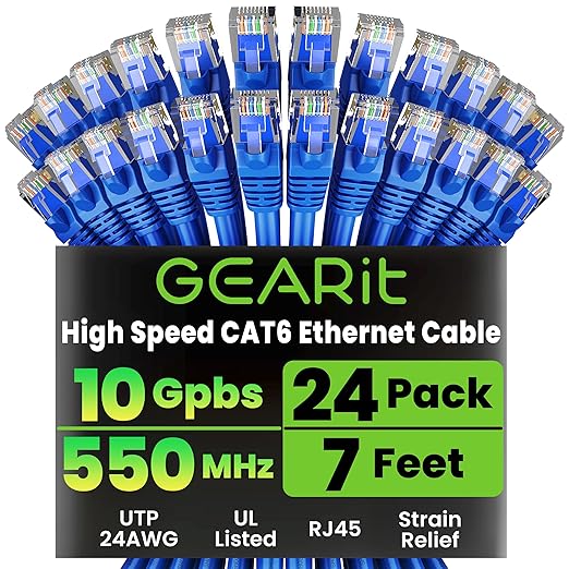 GearIT Cat 6 Ethernet Cable Pack - 24-Pack 7 ft Cat6 Ethernet Patch Cables | RJ45 Network Patch Cable, 10 Gbps Snagless Gold-Plated Connectors - Ethernet Cable Cat 6 for PC, TV, Router - Blue