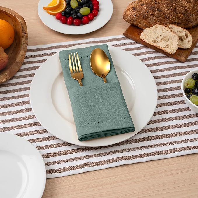 Blue Needles Set of 6 Hemstitch Linen Napkins 100% Cotton Hunter Green Cloth Dinner Napkins 18x18 inches, Soft, Reusable, Absorbent, Washable, Ideal for Fall Thanksgiving Events Parties & Everyday Use