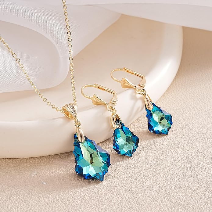 EVEVIC Austrian Crystals Baroque Pendant Necklace Earrings for Women 14K Gold Plated Hypoallergenic Leverback Drop Dangle Earrings Jewelry Set