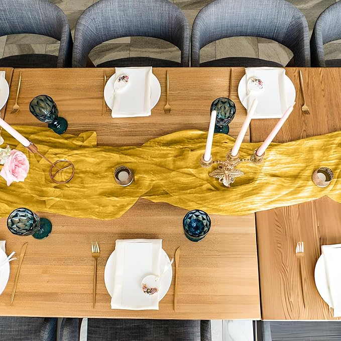 Cheesecloth Table Runner 3 Pack – 35x120 Inch (10ft) Boho Rustic Gauze Cloth Runners – Crinkle Polyester Table Decor for Wedding, Baby Shower, Bridal Shower, Birthday Party and More (Gold Yellow)