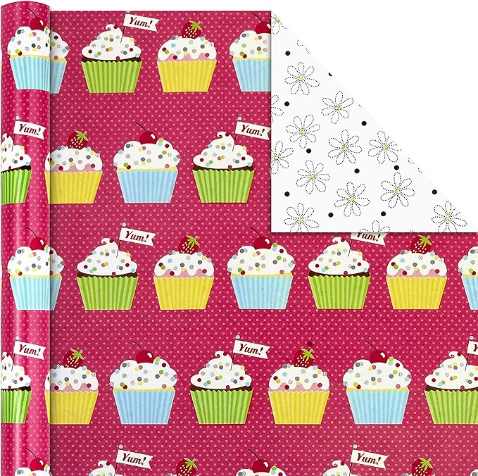 Hallmark Birthday Wrapping Paper Rolls - Colorful Gift Wrap Paper, Flowers, Cupcakes, Striped, Polka Dots (Set of 3 Reversible Rolls: 75 sq. ft. ttl.)