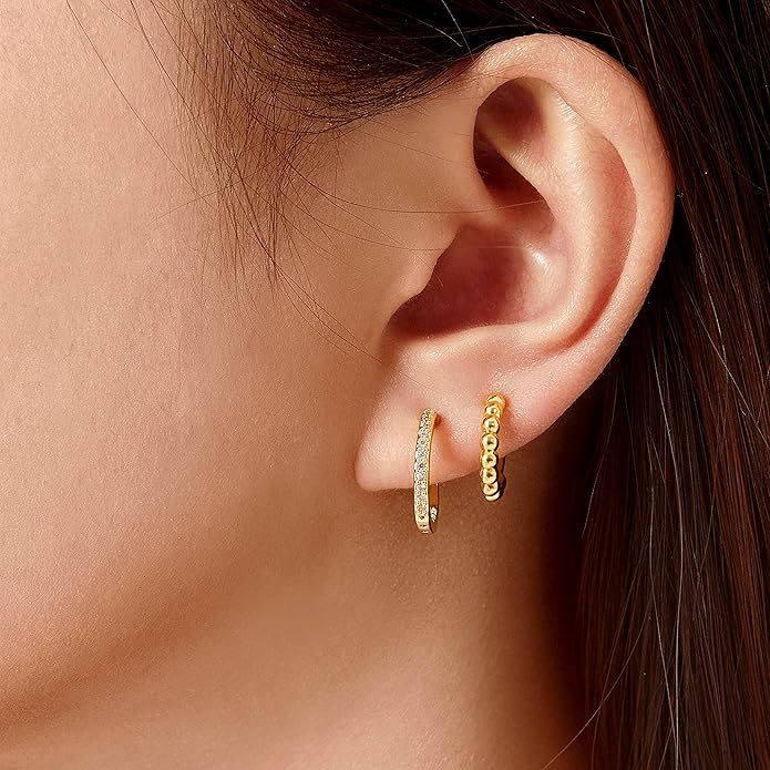 Clip on Hoop Earrings for Women, 14K Real Gold Plated Non Pierced Small Hoop Cubic Zirconia, Fake Piercing Mini Beaded Hoop Earrings Set 2 Pairs