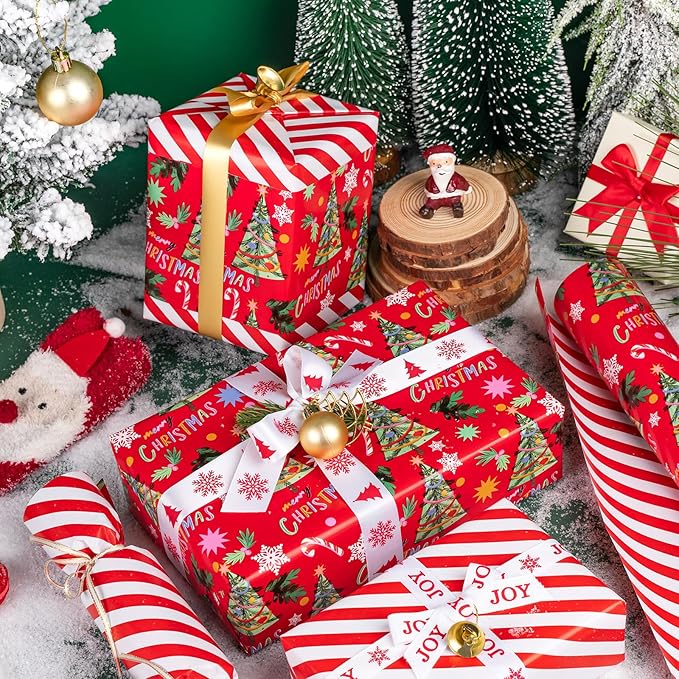 WRAPAHOLIC 30 Inch Jumbo Reversible Christmas Wrapping Paper - 30 Inch x 100 Feet Jumbo Roll Red Christmas Tree Wrapping Paper and Stripe Design for Holiday, Party Celebration