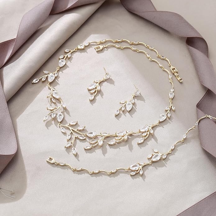 EVER FAITH Wedding Jewelry for Bride Women Bridesmaid, Sparkly Cubic Zirconia Pear-Shaped Birthstone Leaf Necklace Earrings Set for Prom