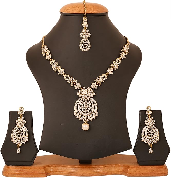 Touchstone Indian jewelry sets for women maang tikka wedding guest gold necklace bollywood jewellery set pageant elegant prom bride accessories western crystal chunky rhinestone necklaces