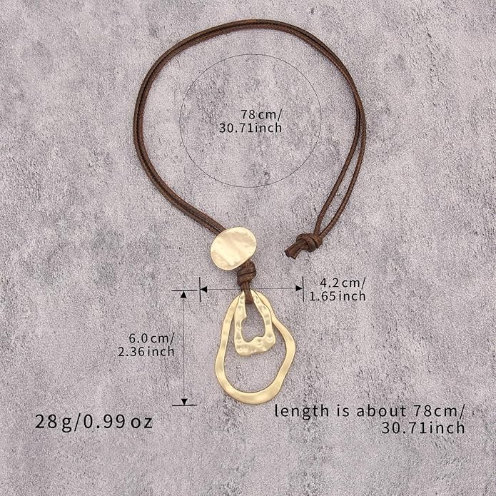 Boho Leather Necklace Women Bohemian Brown Circle Pendant Necklace Choker Long Necklaces for Women Boho Ring Large Pendant