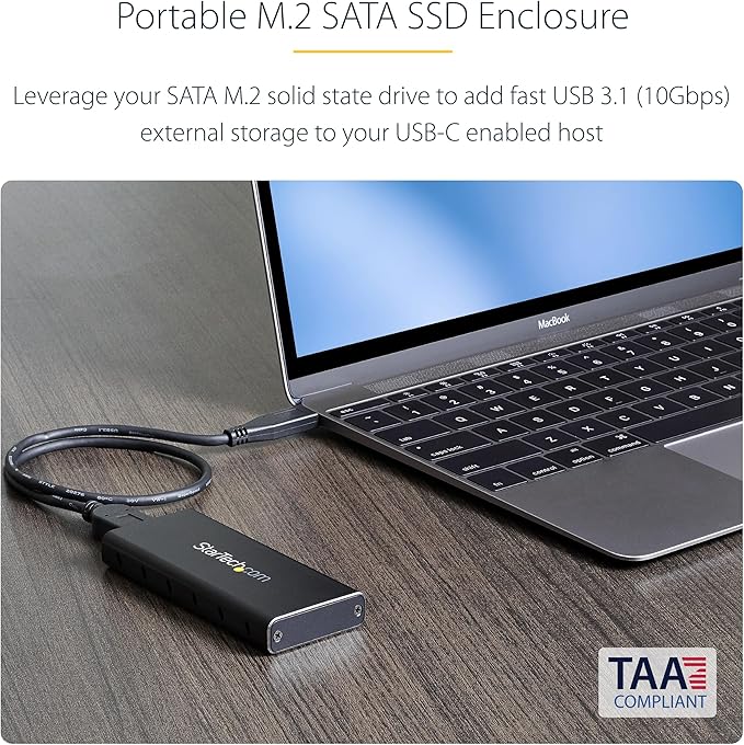 StarTech.com M.2 SSD Enclosure for M.2 SATA SSDs - USB 3.1 (10Gbps) with USB-C Cable - External Enclosure for USB-C Host - Aluminum, TAA (SM21BMU31C3)