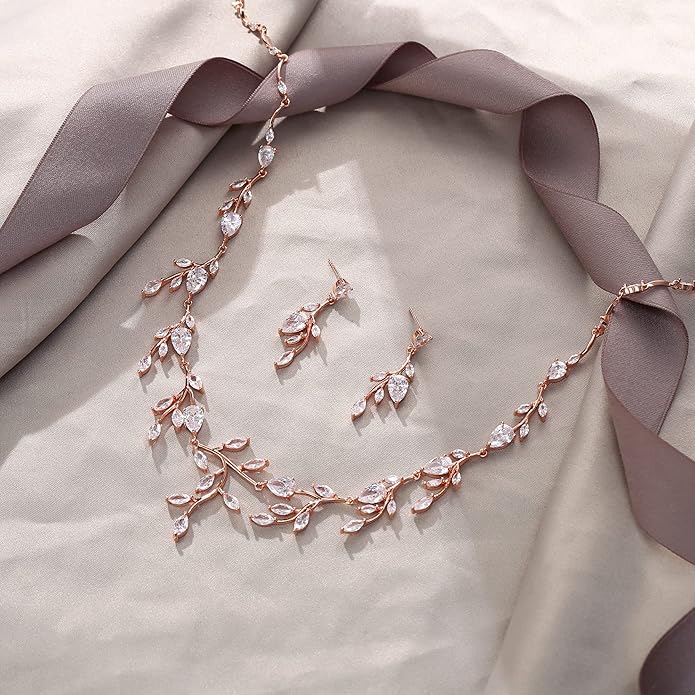 EVER FAITH Wedding Jewelry for Bride Women Bridesmaid, Sparkly Cubic Zirconia Pear-Shaped Birthstone Leaf Necklace Earrings Set for Prom