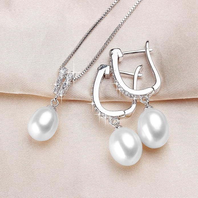 Pearl Jewelry Set For Women with Cubic Zirconia Freshwater Pearl Pendant Necklace & Earrings 925 Sterling Silver for Wedding Prom Gift