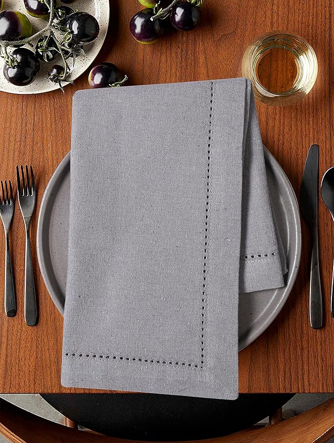 LFH Home Hemstitched Cloth Dinner Napkins 18x18 Inch Set of 12 - Reusable 100% Cotton Machine Washable Cocktail Napkins with Metered Corners for Daily, Party, Wedding, Bar Use - Ash Grey
