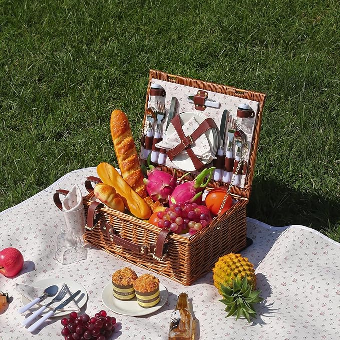 Picnic Baskets Wicker Willow Picnic Set for 4 Persons with Insulated Cooler Bag and Waterproof Picnic Blanket