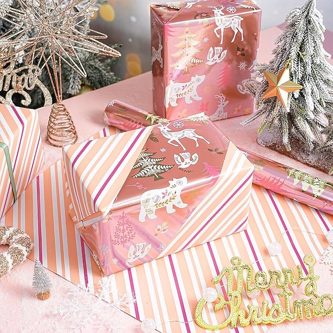 RUSPEPA Christmas Reversible Wrapping Paper Roll for Girls, Jumbo Roll, Rose Gold Foil Reindeer, Polar Bear, Tree, Floral Design, Pink White Stripes Gift Wrap for Holiday Gifts, 30 Inches x 32.8 Feet
