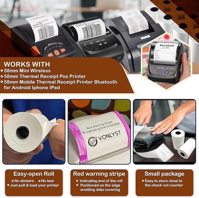 Receipt Paper Roll for 58mm Mobile Portable Thermal Printer (Pack 10 rolls)