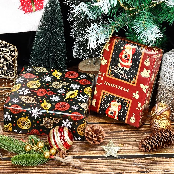 Vnaaem Vintage Christmas Wrapping Paper Red Black Gift Wrap Christmas Text Bufflao Plaid and Reindeer Design for Holiday Party Celebration - 20 X 28Inches Per Sheet(8 Pack)