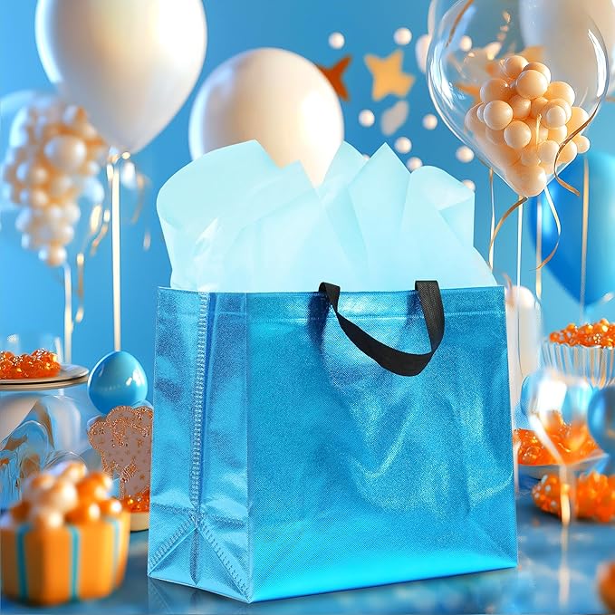 KeerxunBag 12Pcs Reusable Gift Bags（Includes Tissue Paper） Gift bag with handle Birthdays Parties Holidays Weddings Medium 13x5x11in cyan Bags