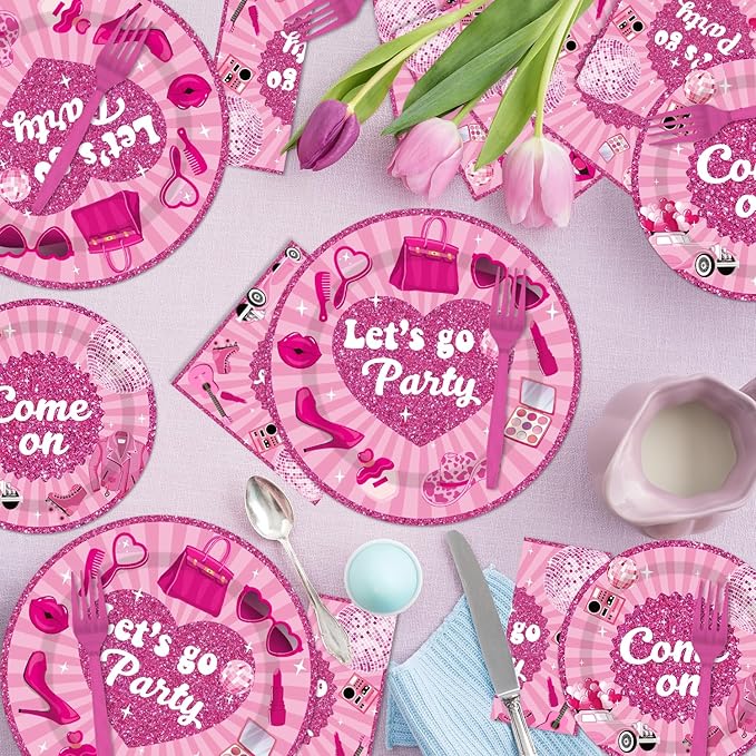 96PCS Let's Go Party Plates and Napkins Party Supplies Hot Pink Girls Party Decorations Baribe Themed Disposable Paper Tableware Set Serves 24 Guests