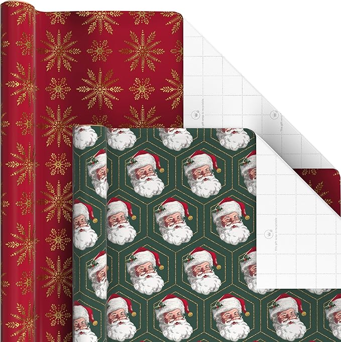 Hallmark Christmas Wrapping Paper Rolls with Cutlines on Reverse (6 Rolls: 150 Sq. Ft. Total) Santa Claus, Nutcrackers, Plaid, Snowflakes, Ornaments