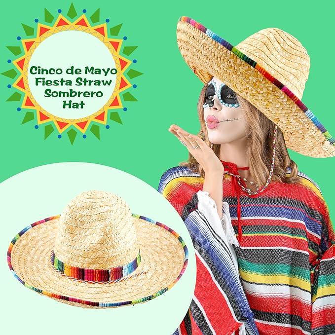 2 Pack Giant Mexican Sombrero Hat Cinco de Mayo Fiesta Straw Hat for Mexican Party Decor Favors Luau Event Photo Props