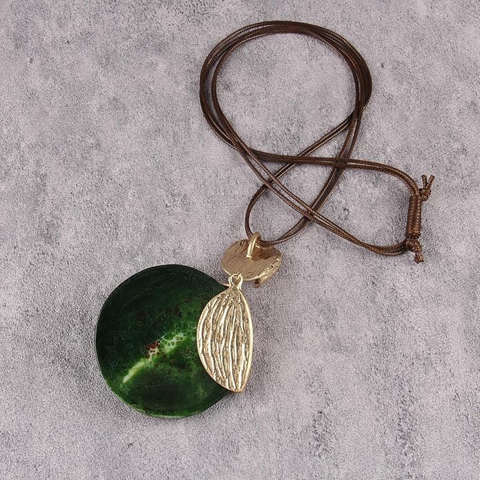 Boho Leather Necklace Women Bohemian Brown Circle Pendant Necklace Choker Long Necklaces for Women Boho Ring Large Pendant